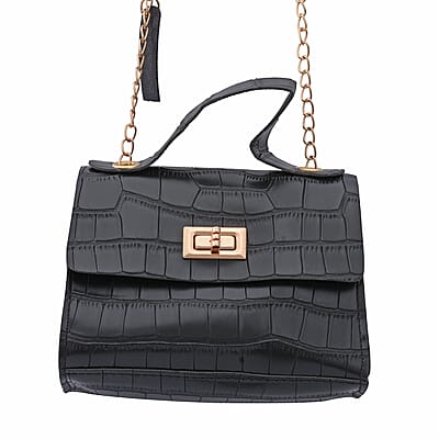 Royal Siamese Black Croc Embossed Faux Leather Mini Handbag with Detachable Chain Shoulder Strap