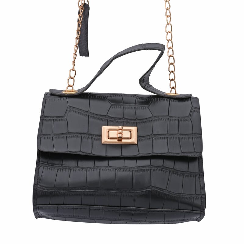 Royal Siamese Black Croc Embossed Faux Leather Mini Handbag with Detachable Chain Shoulder Strap