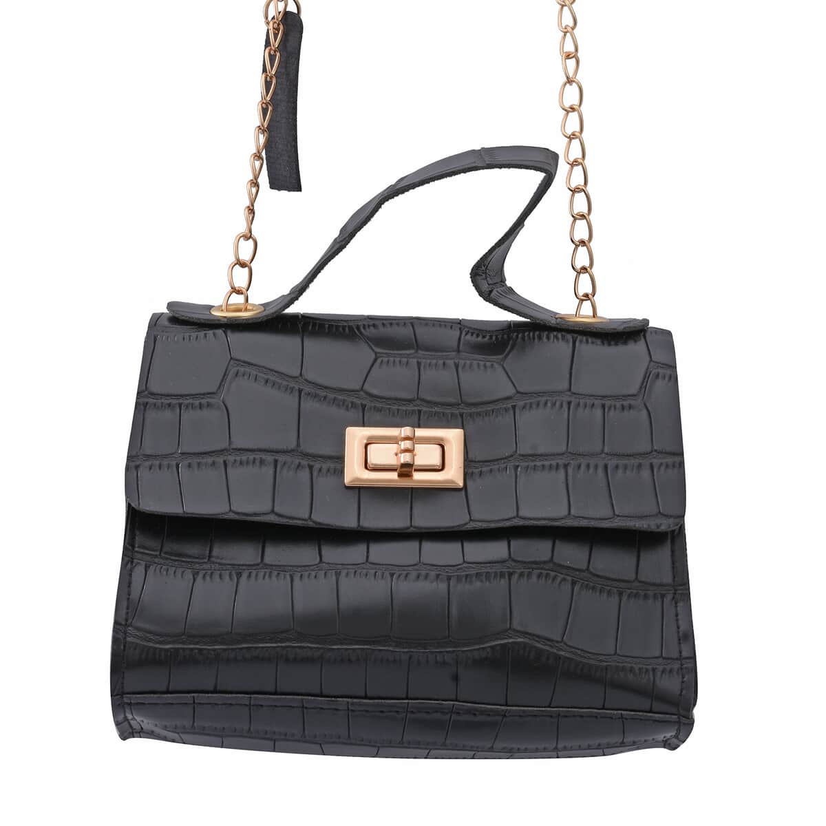 Royal Siamese Black Croc Embossed Faux Leather Mini Handbag with Detachable Chain Shoulder Strap image number 2