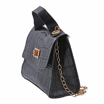 Royal Siamese Black Croc Embossed Faux Leather Mini Handbag with Detachable Chain Shoulder Strap