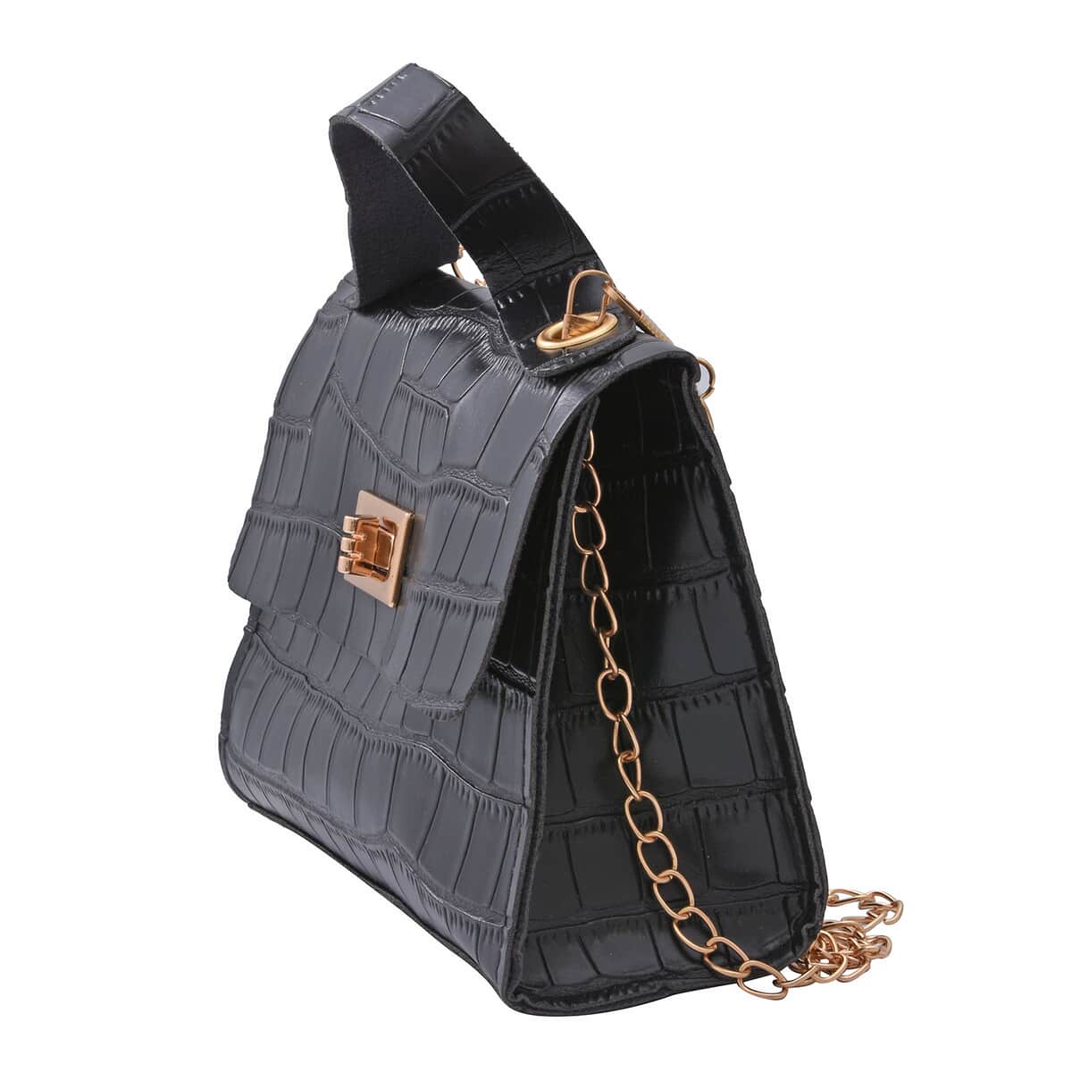 ROYAL SIAMESE Black Croc Embossed Faux Leather Mini Handbag (6.69"x2.76"x54.72") with Detachable Chain Shoulder Strap image number 3