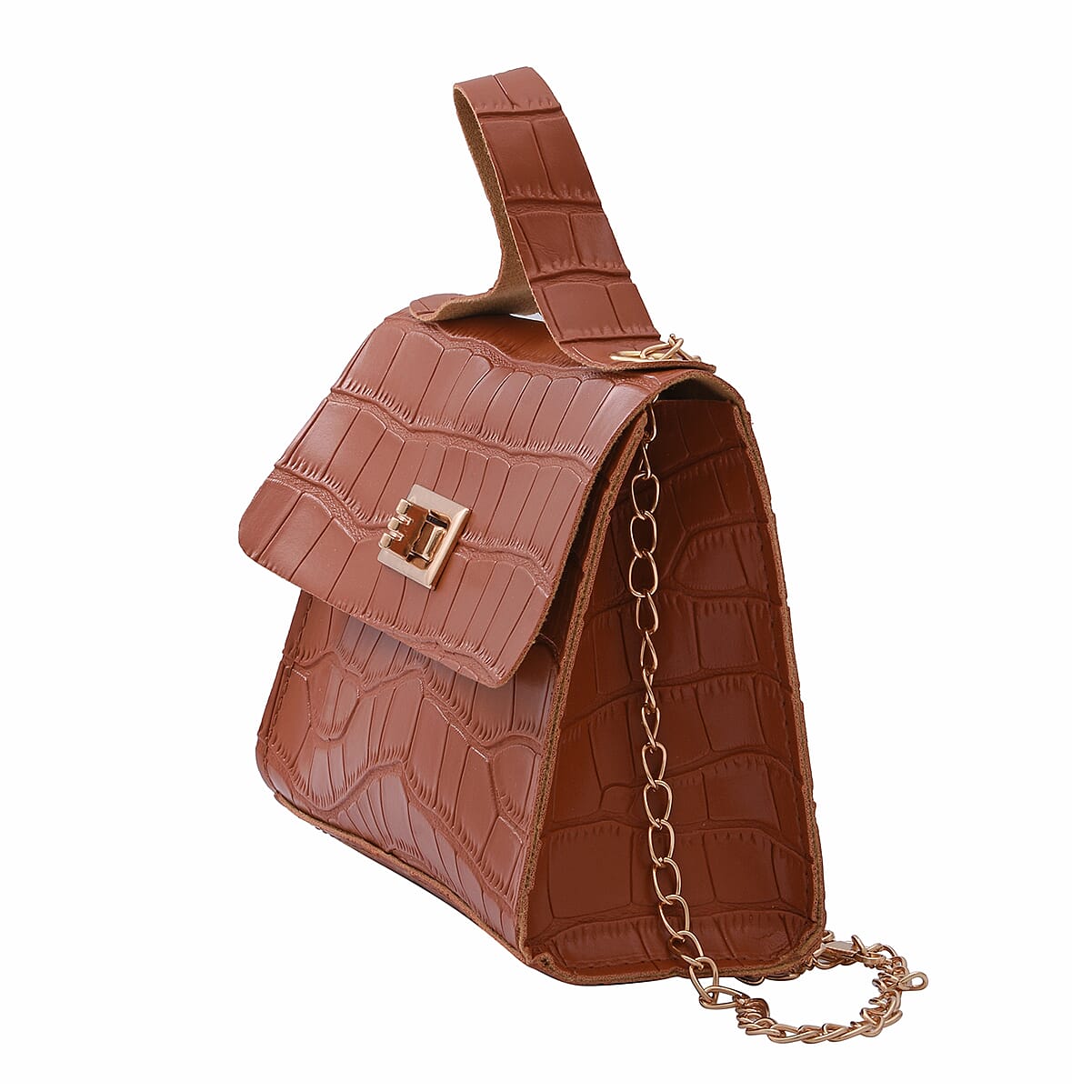Royal Siamese Brown Croc Embossed Faux Leather Mini Handbag with Detachable Chain Shoulder Strap image number 2