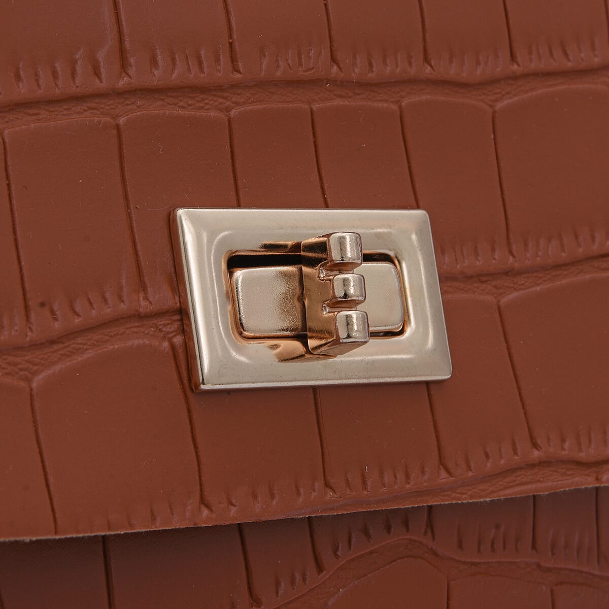 Royal Siamese Brown Croc Embossed Faux Leather Mini Handbag with Detachable Chain Shoulder Strap image number 4