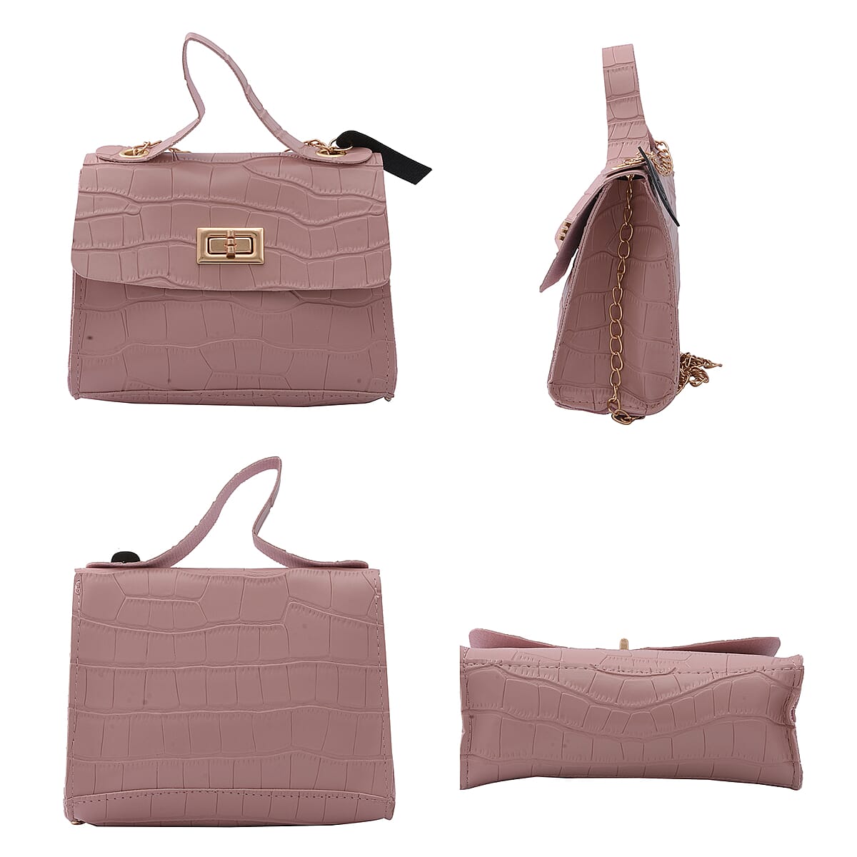 Royal Siamese Pink Croc Embossed Faux Leather Mini Handbag with Detachable Chain Shoulder Strap image number 1