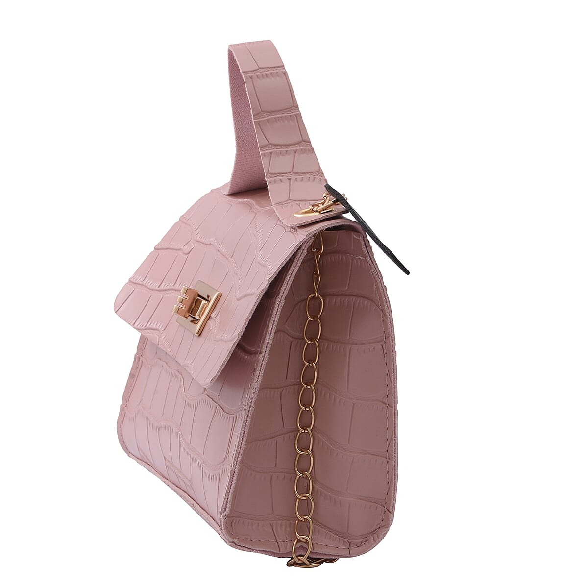 Royal Siamese Pink Croc Embossed Faux Leather Mini Handbag with Detachable Chain Shoulder Strap image number 2