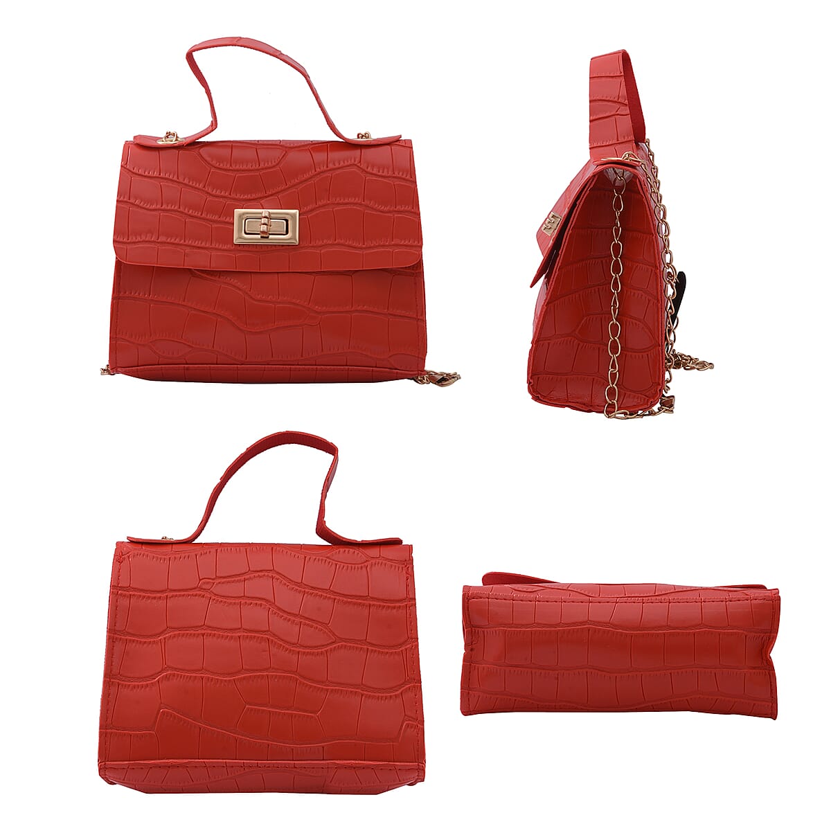 Royal Siamese Red Croc Embossed Faux Leather Mini Handbag with Detachable Chain Shoulder Strap image number 1