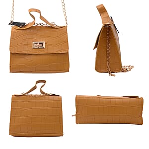Royal Siamese Yellow Croc Embossed Faux Leather Mini Handbag with Detachable Chain Shoulder Strap