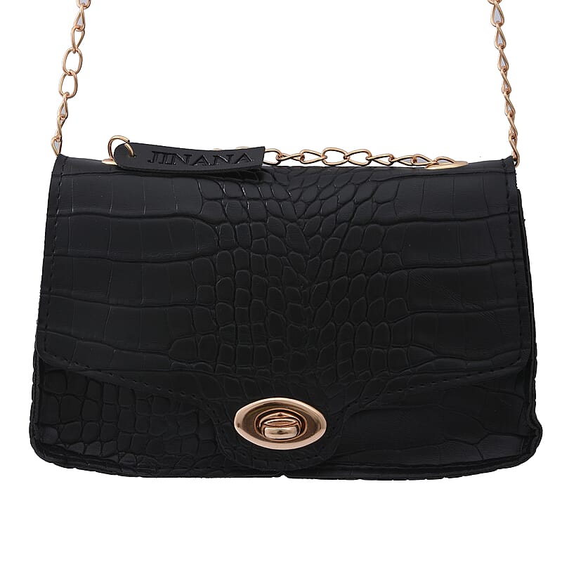 Royal Siamese Black Croc Embossed Faux Leather Mini Handbag with Detachable Chain Shoulder Strap