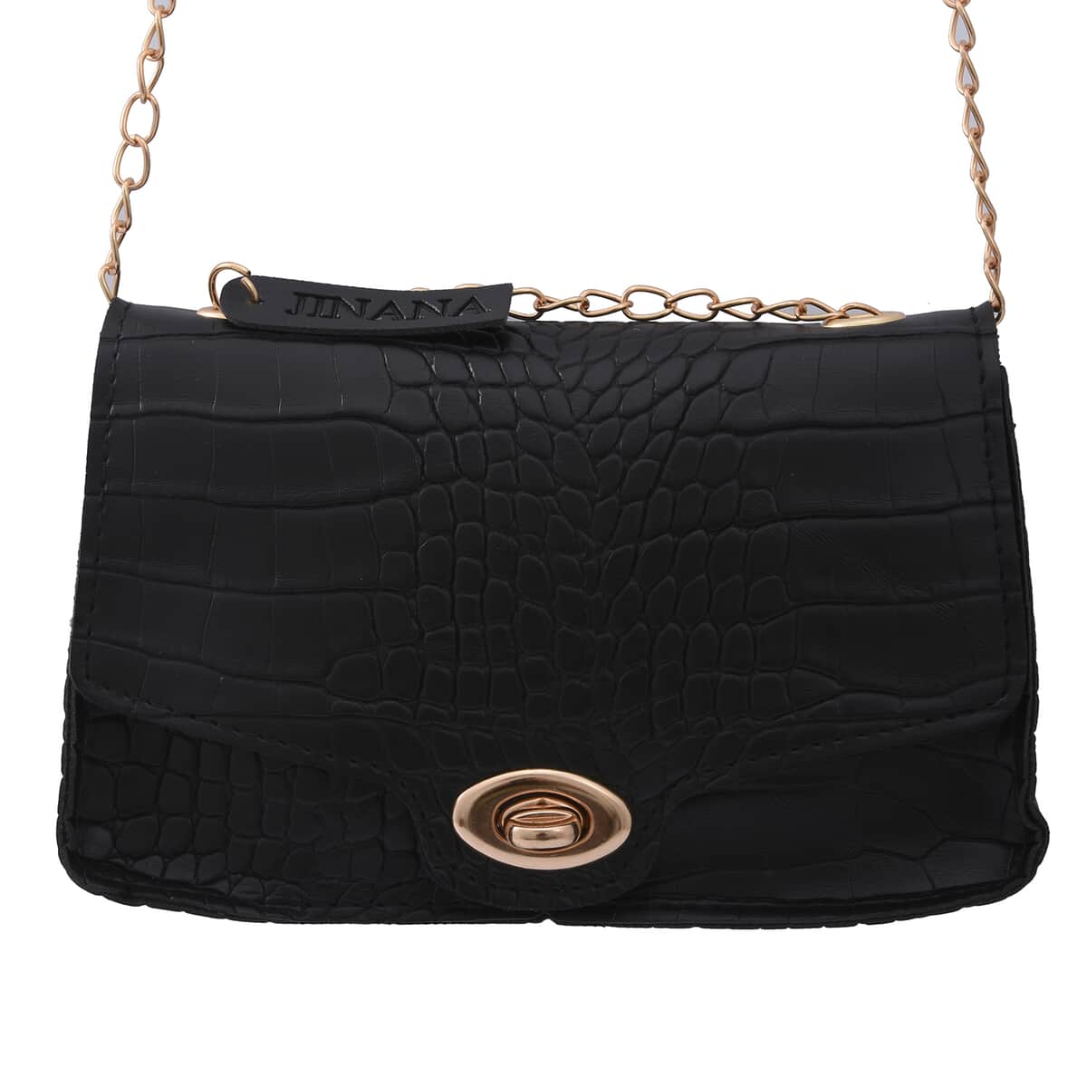 Royal Siamese Black Croc Embossed Faux Leather Mini Handbag with Detachable Chain Shoulder Strap image number 0