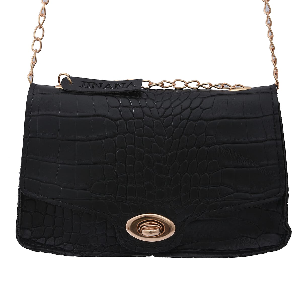 Royal Siamese Black Croc Embossed Faux Leather Mini Handbag with Detachable Chain Shoulder Strap image number 0