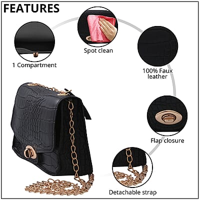 Royal Siamese Black Croc Embossed Faux Leather Mini Handbag with Detachable Chain Shoulder Strap