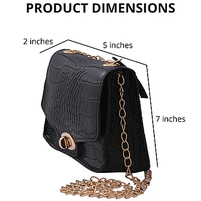 Royal Siamese Black Croc Embossed Faux Leather Mini Handbag with Detachable Chain Shoulder Strap