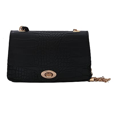 Royal Siamese Black Croc Embossed Faux Leather Mini Handbag with Detachable Chain Shoulder Strap