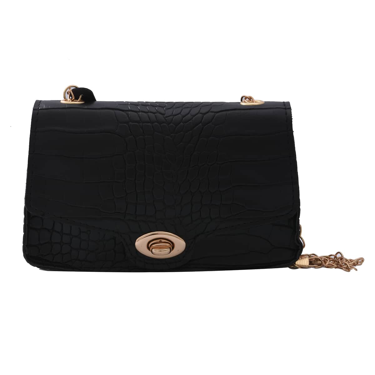 Royal Siamese Black Croc Embossed Faux Leather Mini Handbag with Detachable Chain Shoulder Strap image number 3