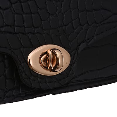 Royal Siamese Black Croc Embossed Faux Leather Mini Handbag with Detachable Chain Shoulder Strap