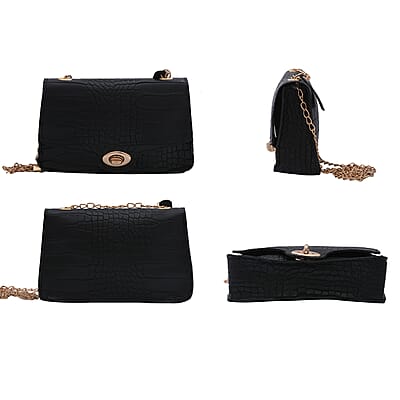 Royal Siamese Black Croc Embossed Faux Leather Mini Handbag with Detachable Chain Shoulder Strap