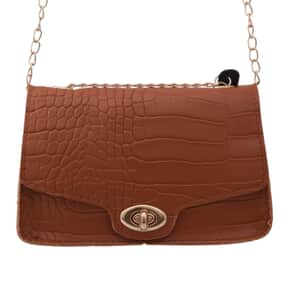 Royal Siamese Brown Croc Embossed Faux Leather Mini Handbag with Detachable Chain Shoulder Strap