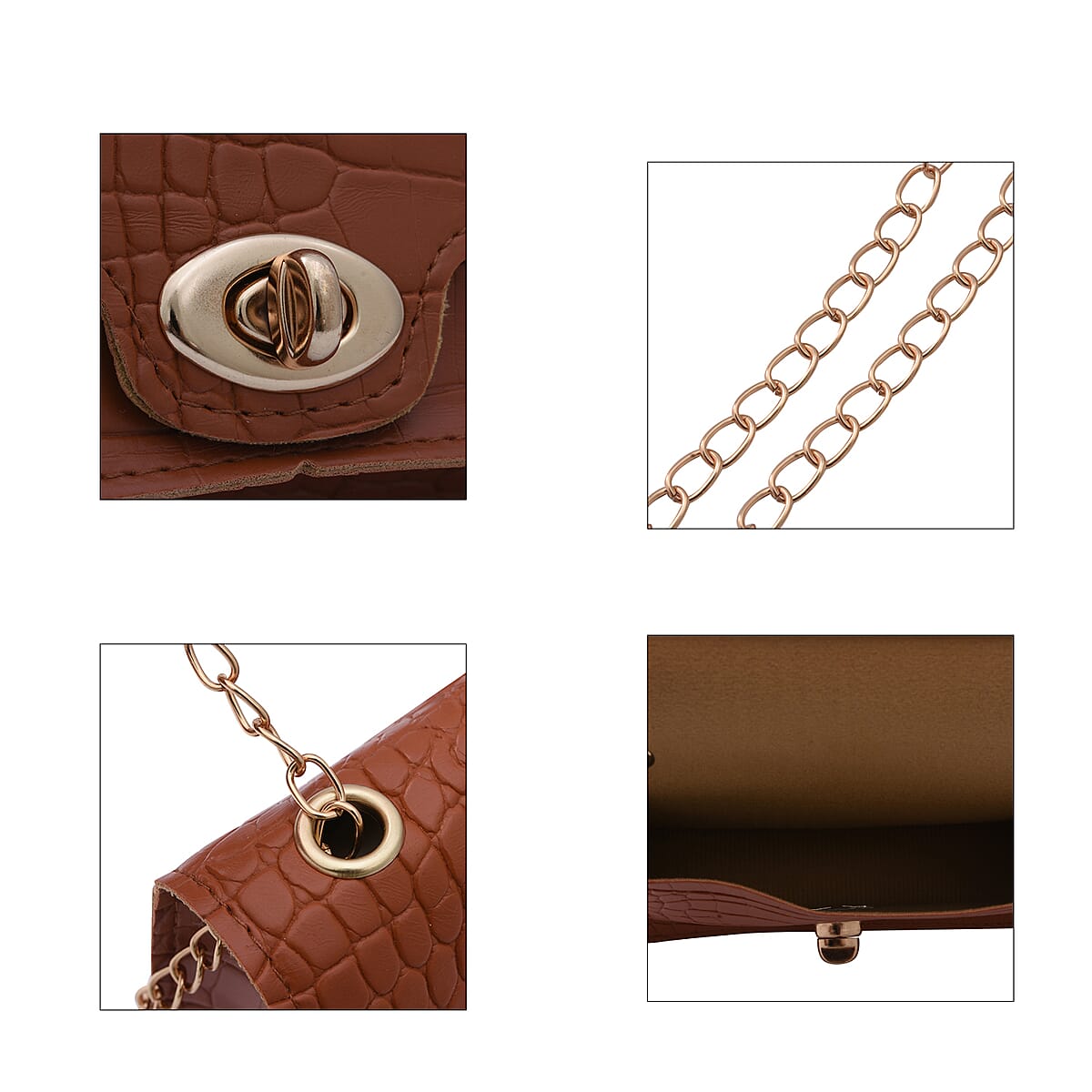 Royal Siamese Brown Croc Embossed Faux Leather Mini Handbag with Detachable Chain Shoulder Strap image number 5
