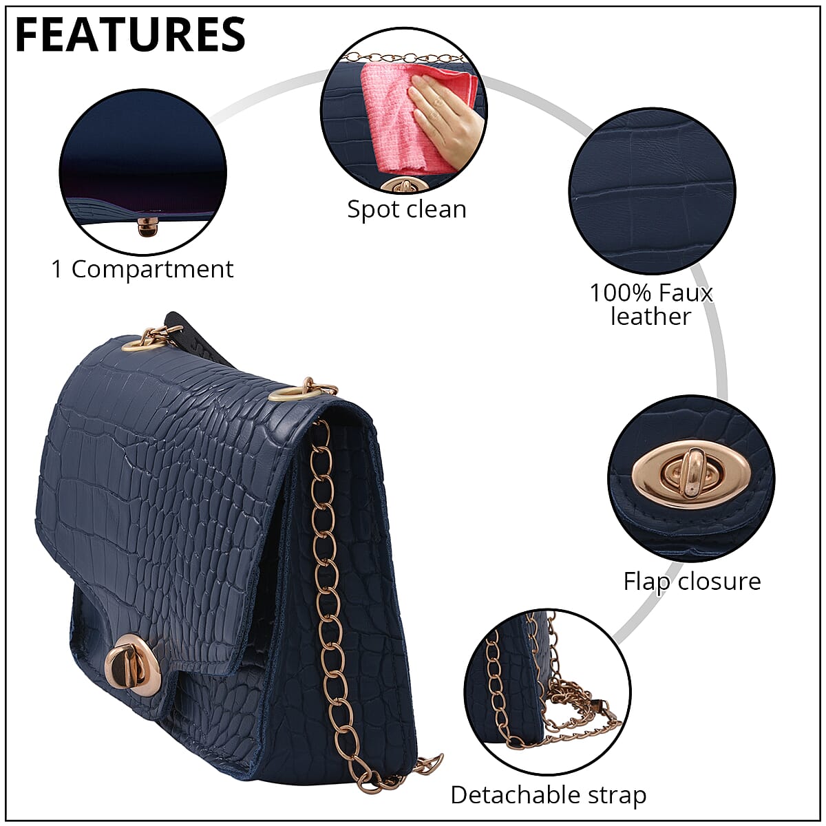 Royal Siamese Navy Croc Embossed Faux Leather Mini Handbag with Detachable Chain Shoulder Strap image number 1