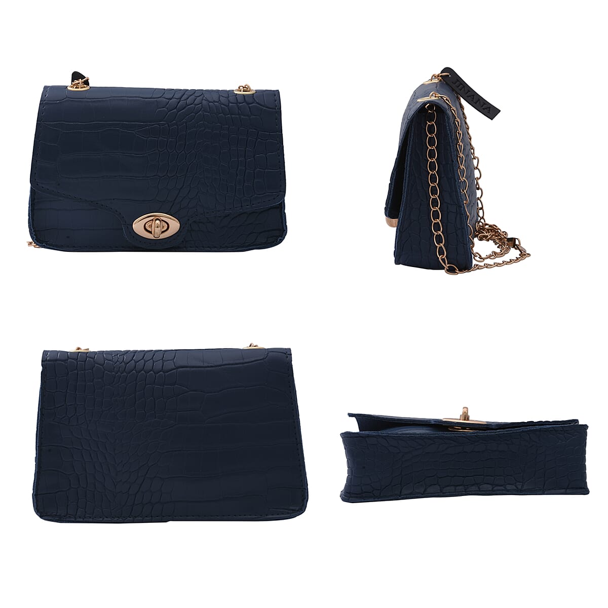 Royal Siamese Navy Croc Embossed Faux Leather Mini Handbag with Detachable Chain Shoulder Strap image number 6