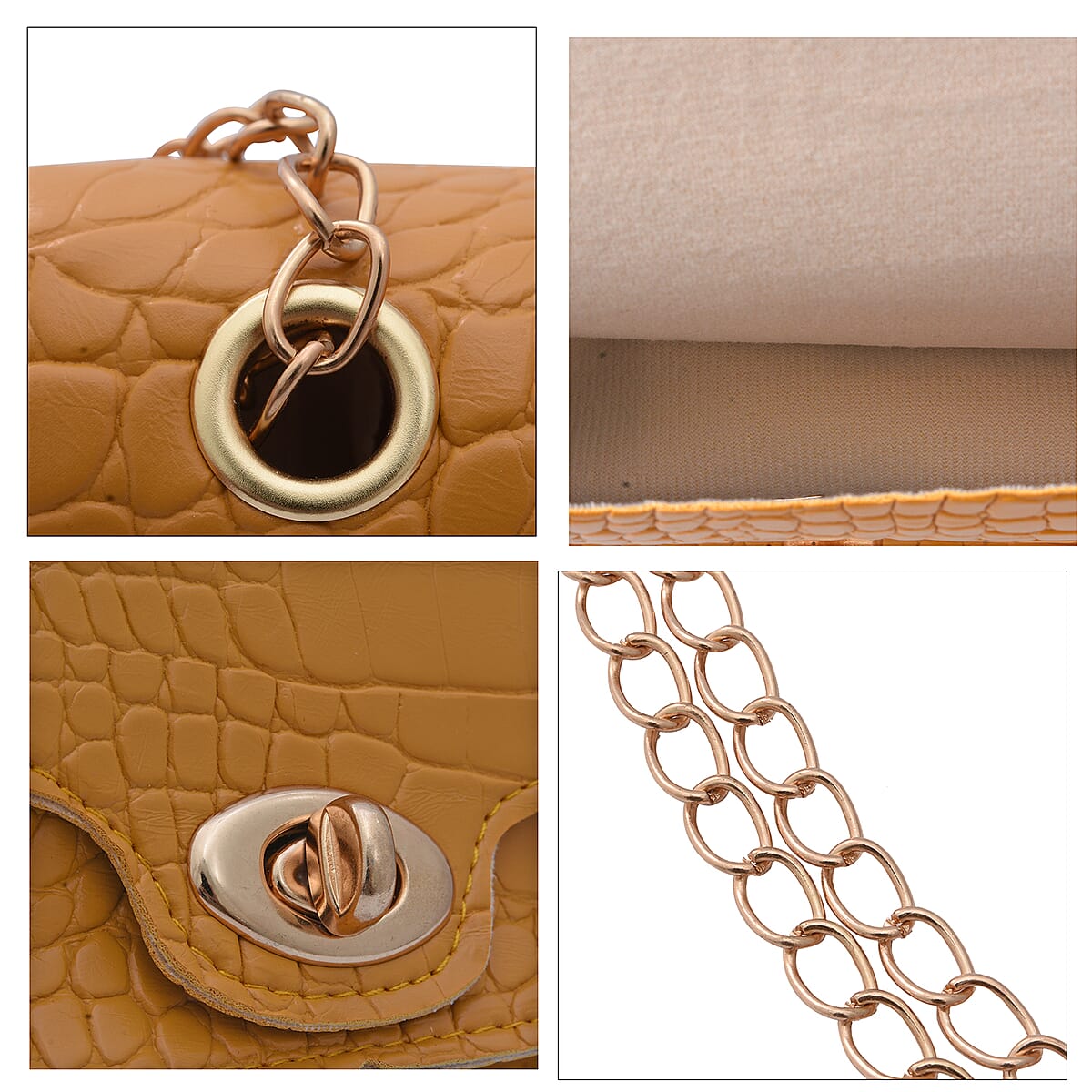 Royal Siamese Yellow Croc Embossed Faux Leather Mini Handbag with Detachable Chain Shoulder Strap image number 6