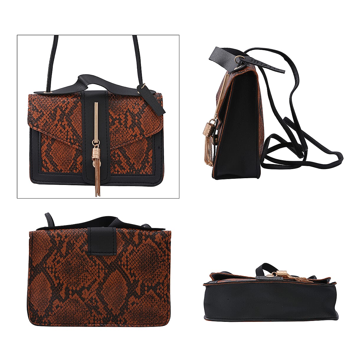 Bangkok Closeout Royal Siamese Brown Python Embossed Faux Leather Mini Handbag with Handle Drop and Shoulder Strap image number 1