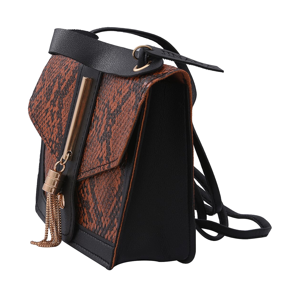 Bangkok Closeout Royal Siamese Brown Python Embossed Faux Leather Mini Handbag with Handle Drop and Shoulder Strap image number 2