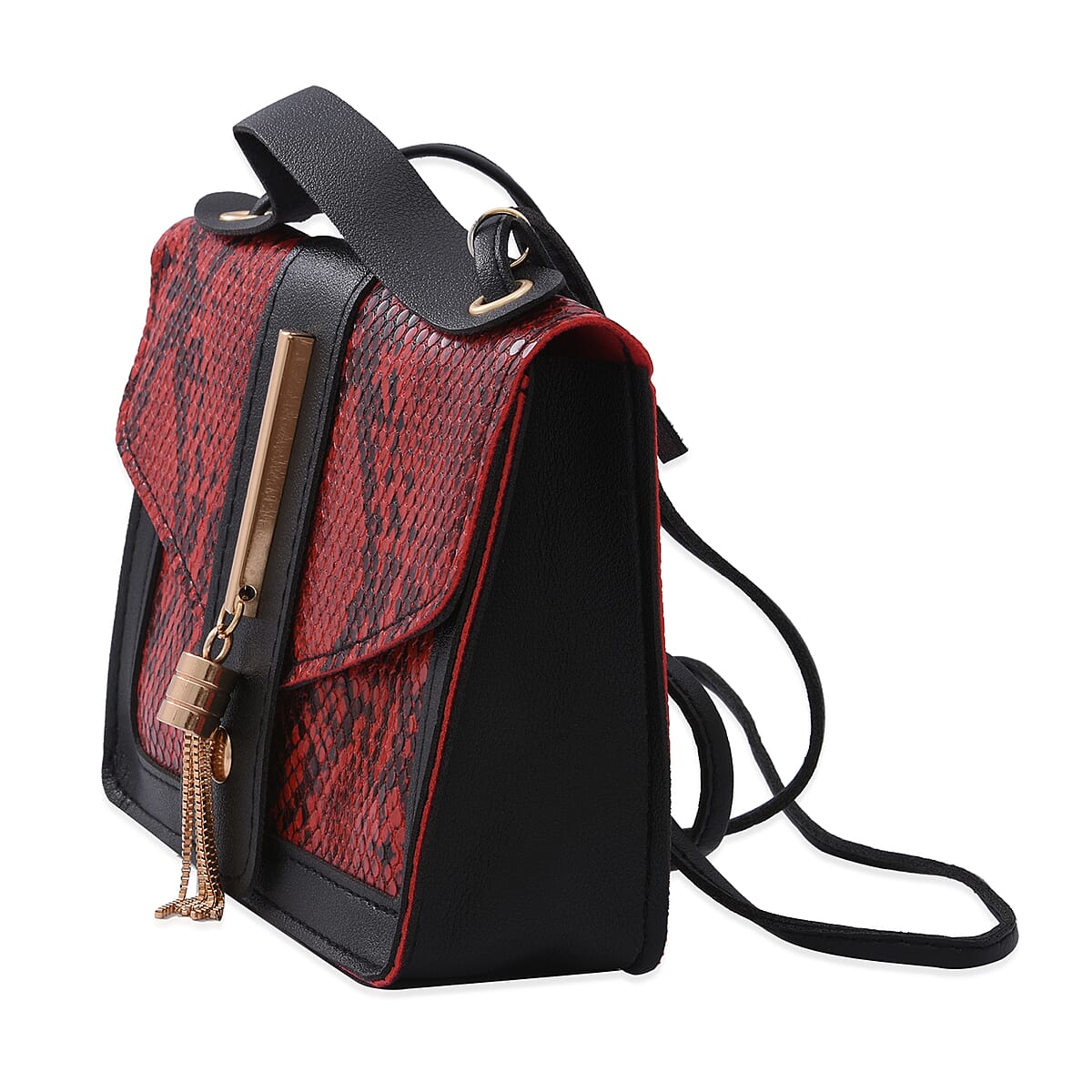 Royal Siamese Red Python Embossed Faux Leather Mini Handbag with Handle Drop and Shoulder Strap image number 2