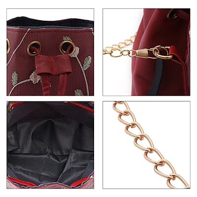 Royal Siamese Wine Color Faux Leather Bucket Bag