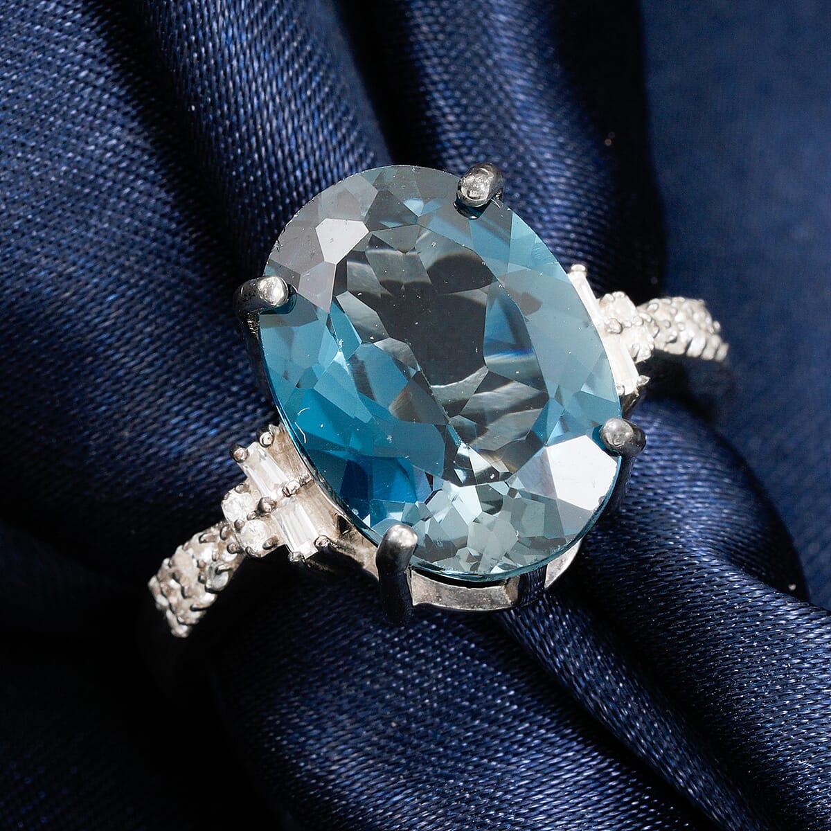 London Blue Topaz and Natural White Zircon Ring in Platinum Over Sterling Silver (Size 8.0) 8.10 ctw image number 1