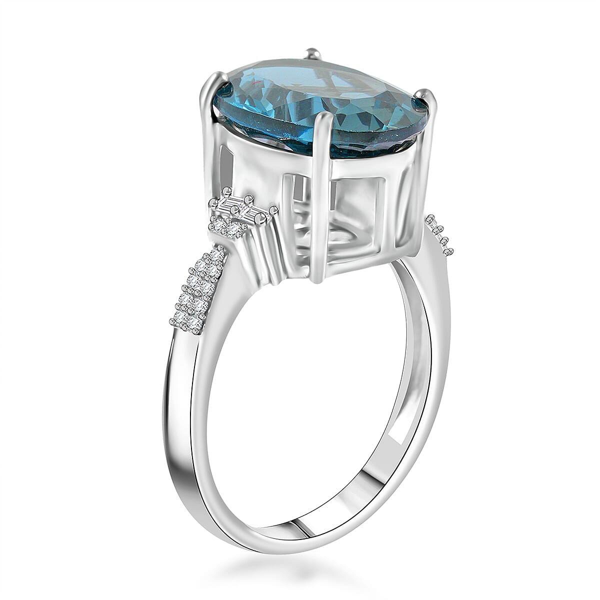 London Blue Topaz and Natural White Zircon Ring in Platinum Over Sterling Silver (Size 8.0) 8.10 ctw image number 3