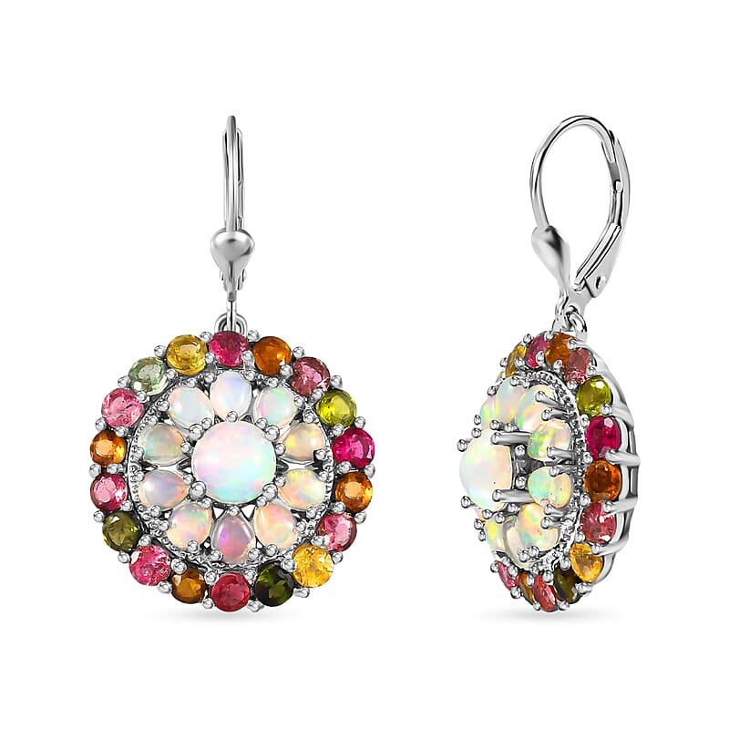 Ethiopian Opal Cluster Earrings in Sterling Silver, Multi Tourmaline Lever Back Earrings For Women, Unique Birthday Gifts