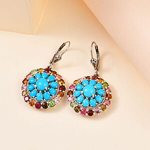 Sleeping Beauty Turquoise 8.25 ctw Earrings in Platinum Over Sterling Silver, Multi-Tourmaline Cocktail Earrings, Cocktail Silver Earrings