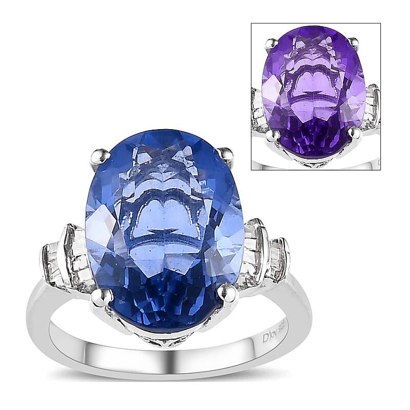Color Change Fluorite (IR) and Diamond 7.10 ctw Ring in Platinum Over Sterling Silver (Size 10.0)