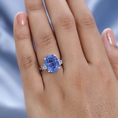 Color Change Fluorite (IR) and Diamond 7.10 ctw Ring in Platinum Over Sterling Silver (Size 10.0)