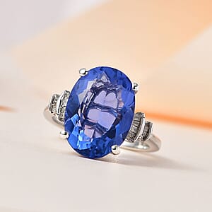 D'Joy Color Change Fluorite (IR) and Diamond 7.10 ctw Ring in Platinum Over Sterling Silver (Size 5.0)