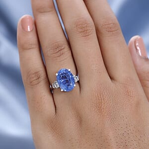 D'Joy Color Change Fluorite (IR) and Diamond 7.10 ctw Ring in Platinum Over Sterling Silver (Size 5.0)