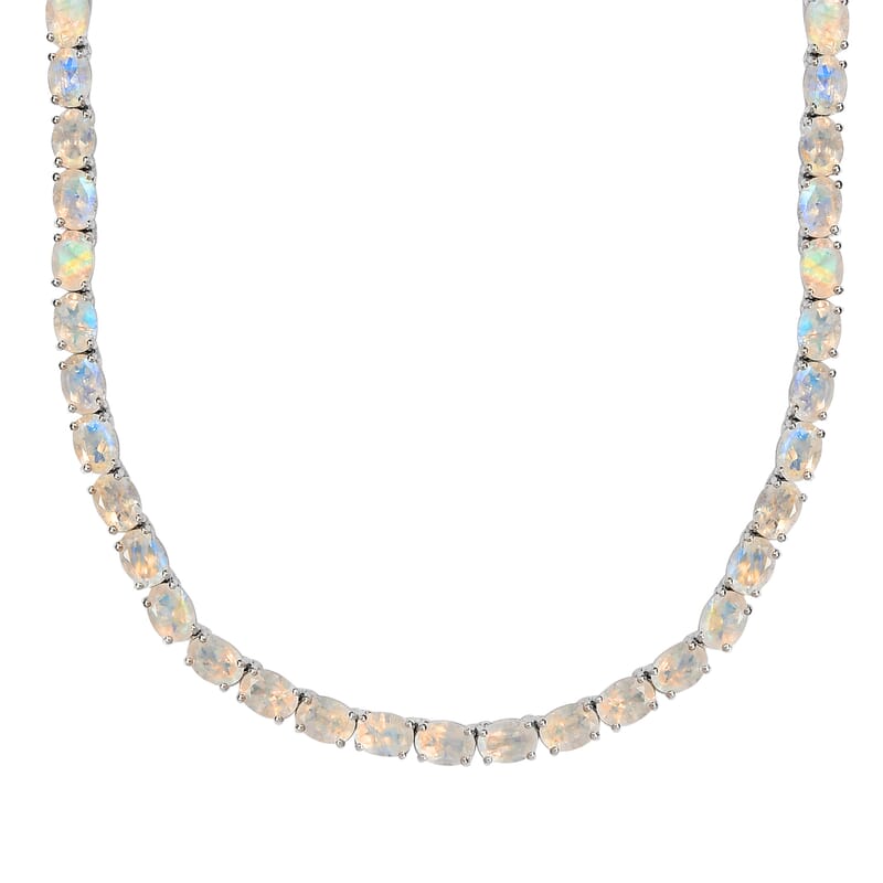 Premium Rainbow Moonstone and Diamond Accent Tennis Necklace 18 Inches in Platinum Over Sterling Silver 49.25 ctw