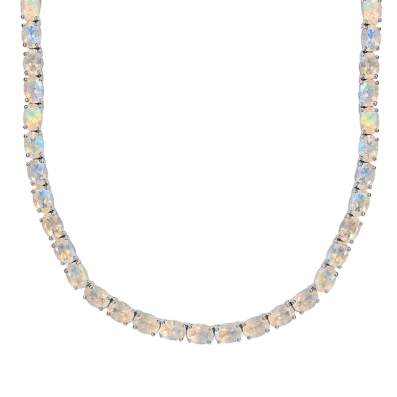 Premium Rainbow Moonstone and Diamond Accent Tennis Necklace 18 Inches in Platinum Over Sterling Silver 49.25 ctw