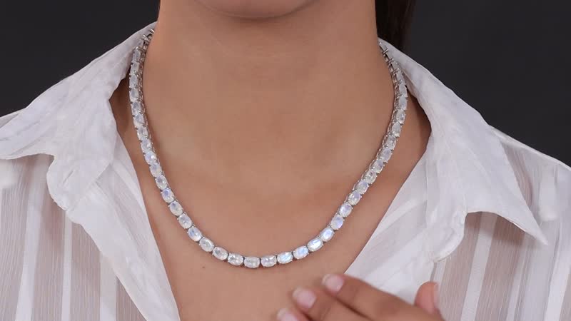 Premium Rainbow Moonstone and Diamond Accent Tennis Necklace 18 Inches in Platinum Over Sterling Silver 49.25 ctw