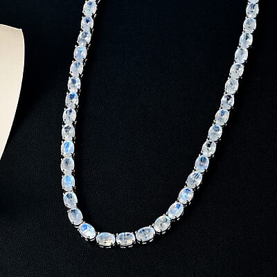 Premium Rainbow Moonstone and Diamond Accent Tennis Necklace 18 Inches in Platinum Over Sterling Silver 49.25 ctw