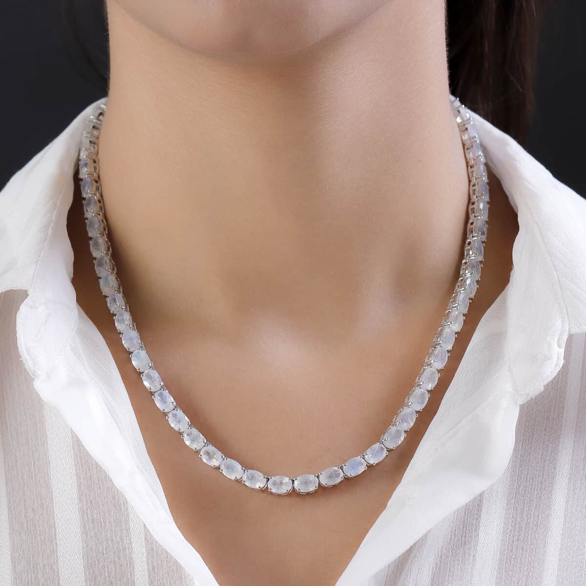 Premium Rainbow Moonstone and Diamond Accent Tennis Necklace 18 Inches in Platinum Over Sterling Silver 49.25 ctw image number 2
