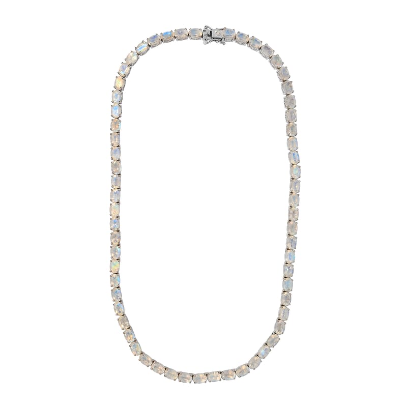 Premium Rainbow Moonstone and Diamond Accent Tennis Necklace 18 Inches in Platinum Over Sterling Silver 49.25 ctw