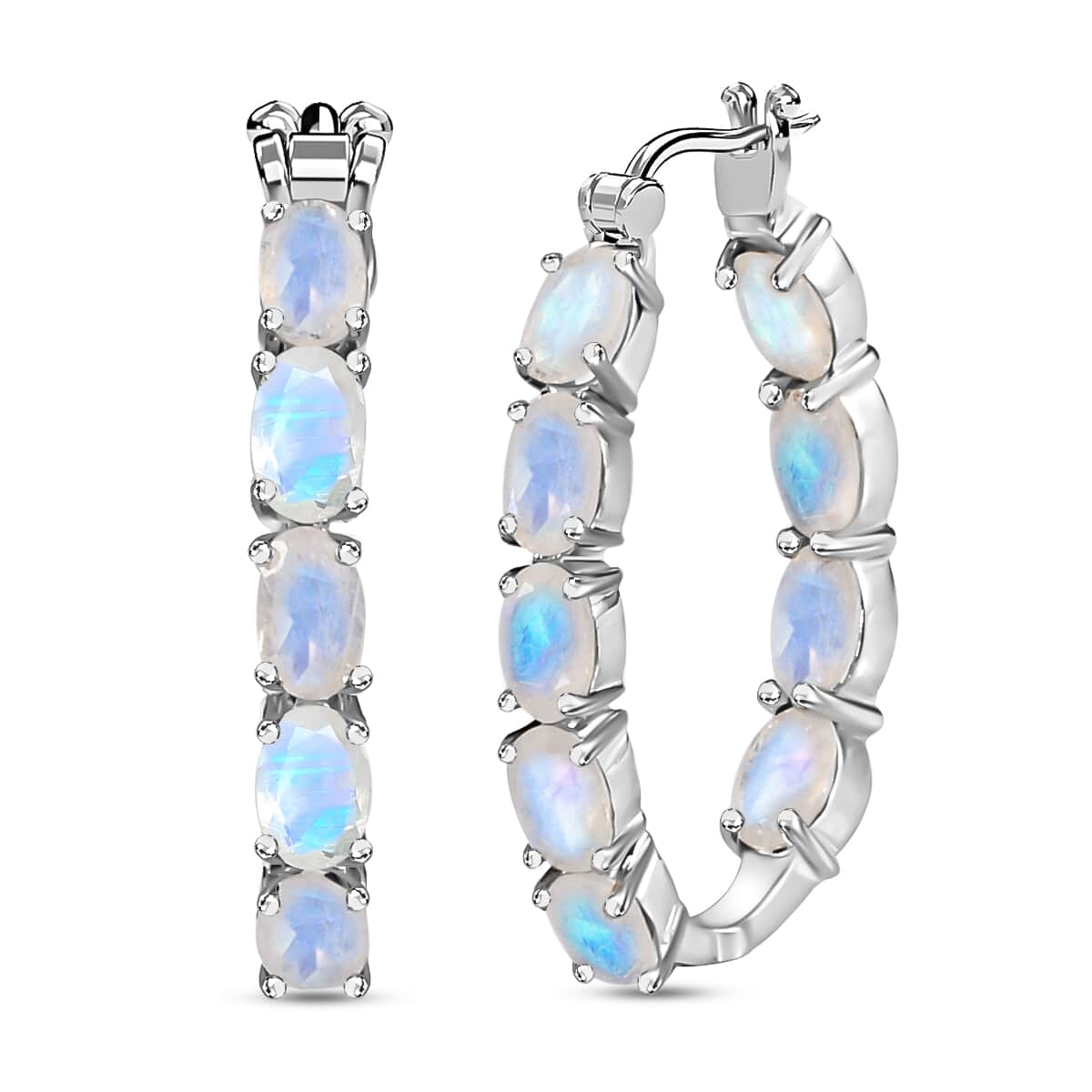 Premium Rainbow Moonstone, Diamond Accent Inside Out Hoop Earrings in Platinum Over Sterling Silver, Birthday Gifts For Her 8.25 ctw image number 0