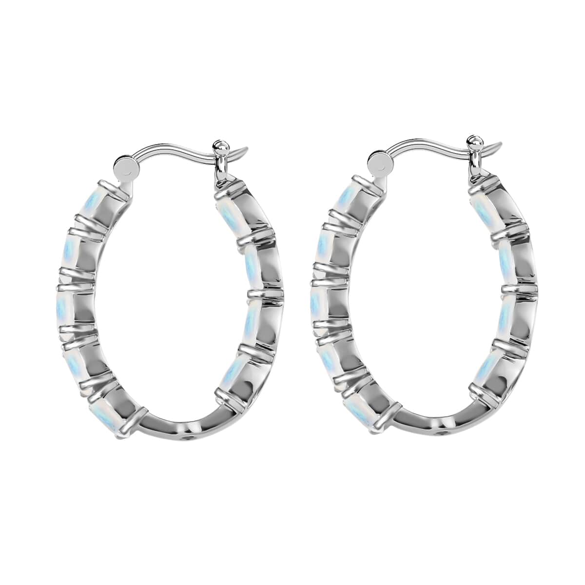 Premium Rainbow Moonstone, Diamond Accent Inside Out Hoop Earrings in Platinum Over Sterling Silver, Birthday Gifts For Her 8.25 ctw image number 3