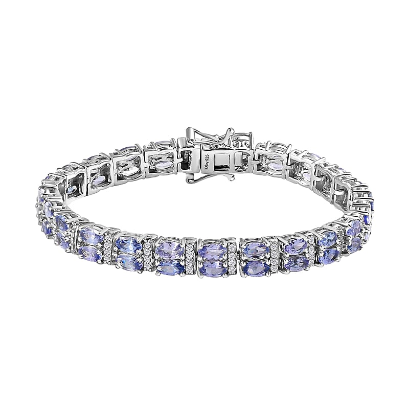 Tanzanite and Natural White Zircon Double Row Tennis Bracelet in Platinum Over Sterling Silver (6.50 In) 13.40 Grams 12.25 ctw