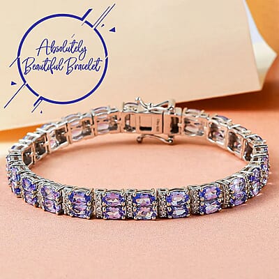Tanzanite and Natural White Zircon Double Row Tennis Bracelet in Platinum Over Sterling Silver (6.50 In) 13.40 Grams 12.25 ctw