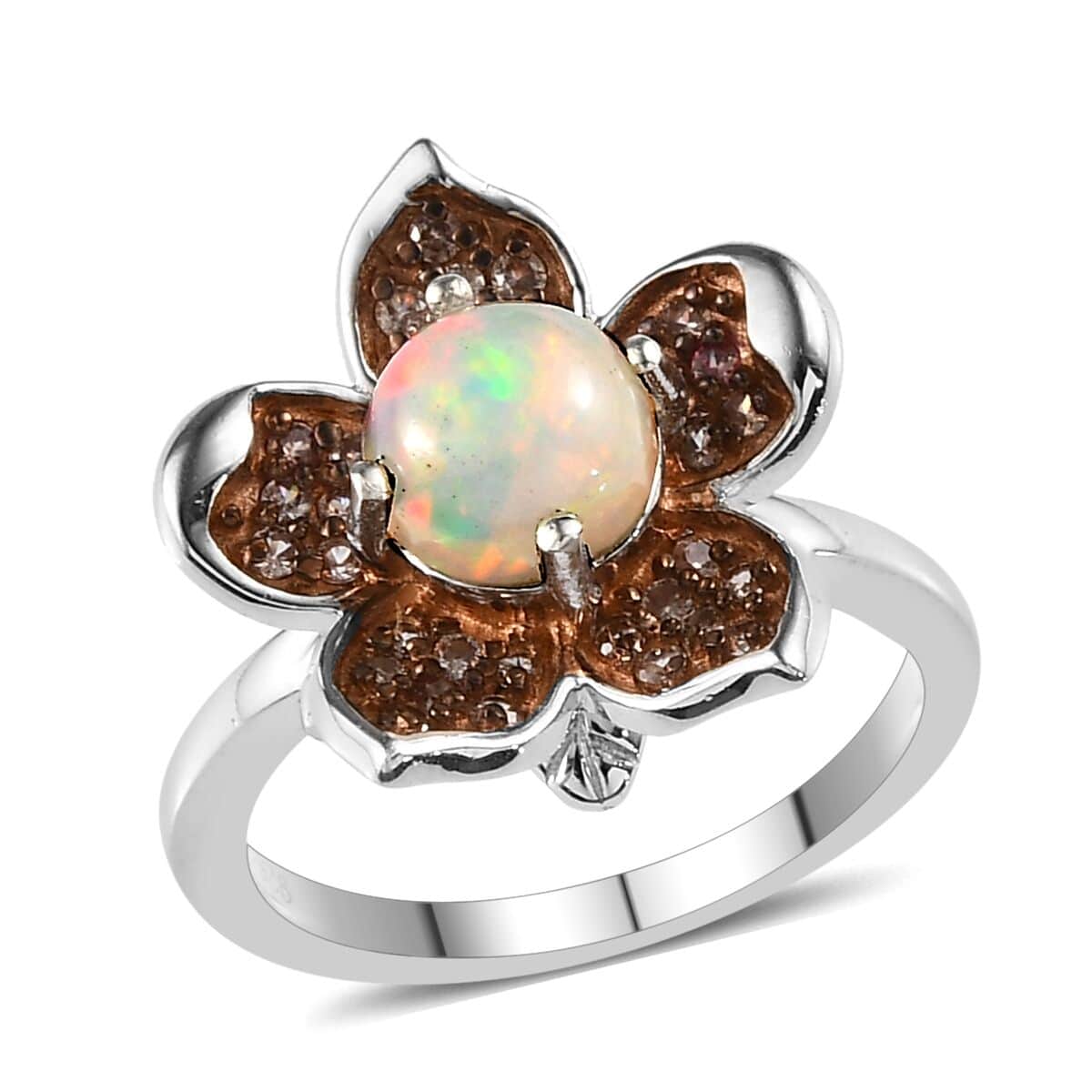 GP Italian Garden Collection Premium Ethiopian Welo Opal and Natural Champagne Zircon Floral Ring in Platinum Over Sterling Silver 1.25 ctw image number 0