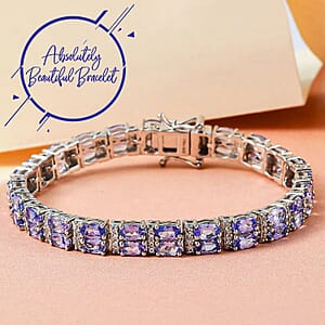 Tanzanite, White Zircon Double Row Bracelet in Platinum Over Sterling Silver, Silver Tennis Bracelet (7.25 In) 13.80 ctw