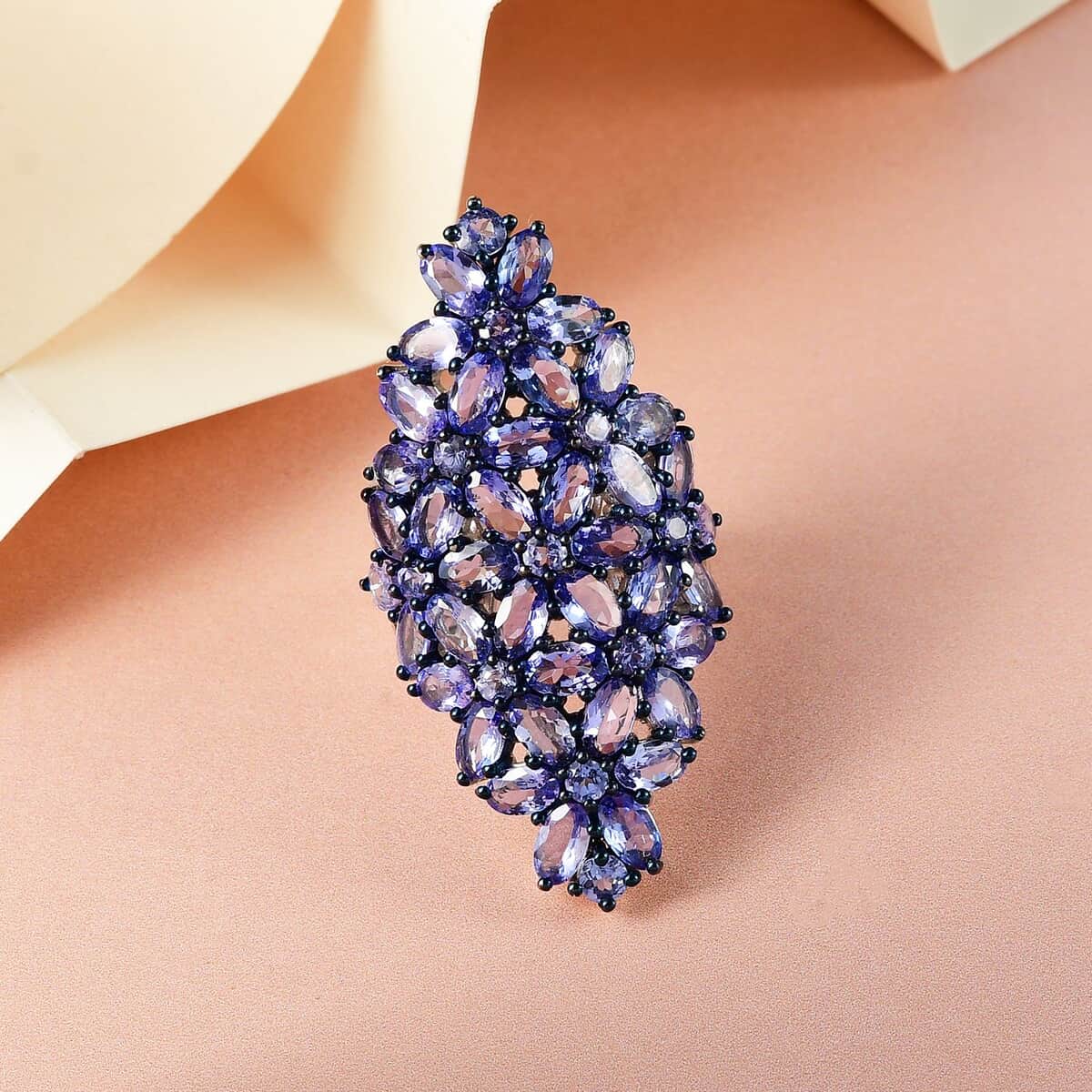 Tanzanite Floral Ring in Rhodium and Platinum Over Sterling Silver 9.80 Grams 8.15 ctw image number 1